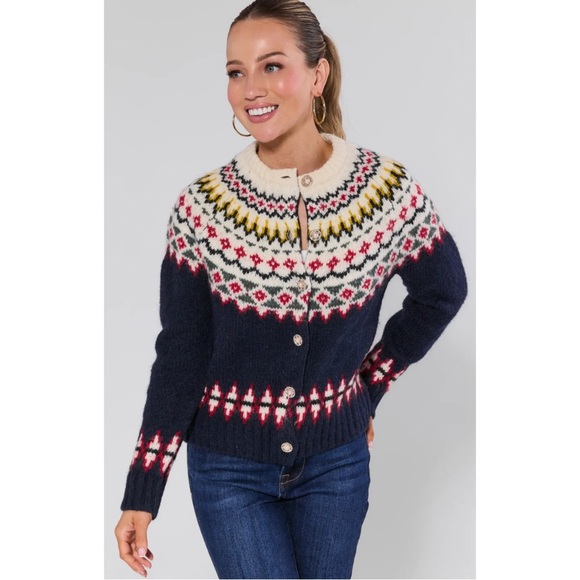 PRETTY LITTLE SISTERAspen Fair Isle Knit Cardigan in Navy Motif Size Large